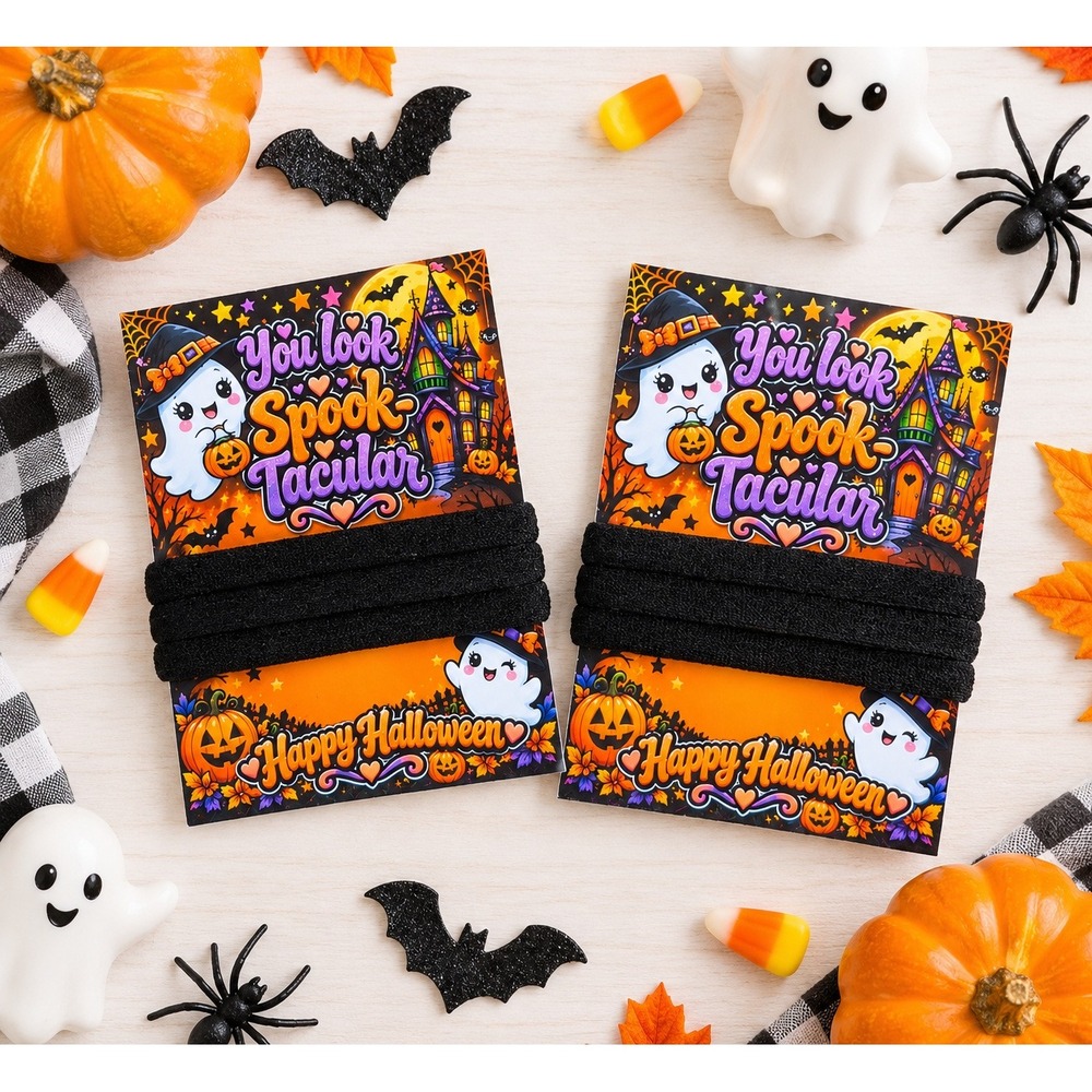 6 Black Elastic Hair Ties with Halloween  Display Card SpookTacular Ghost 2 Pack